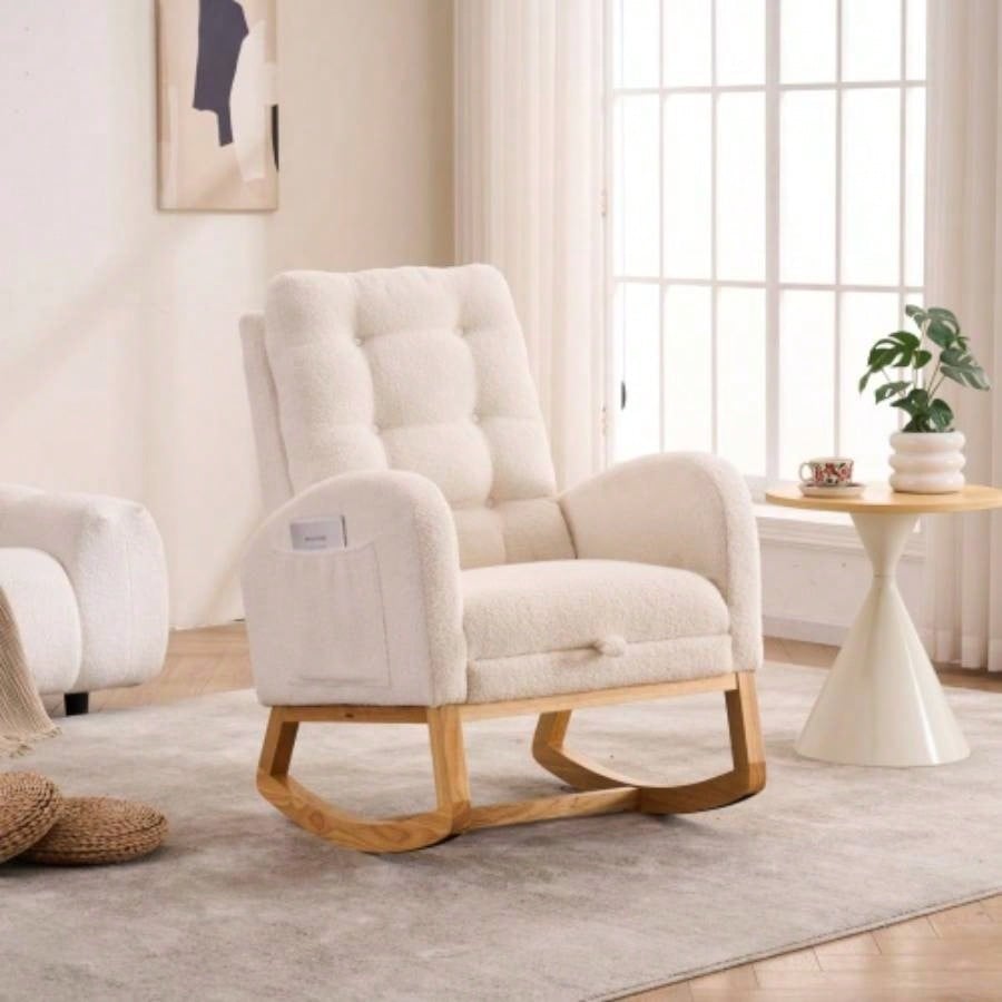 LY - 5104 Accent Rocking Chair with Footrest Storage Pocket, Deep Navy Blue High - Back Rocker, Rubber Wood Lounge Chair Nursery Living Room, 38.36x 26.77Dx 39.76H