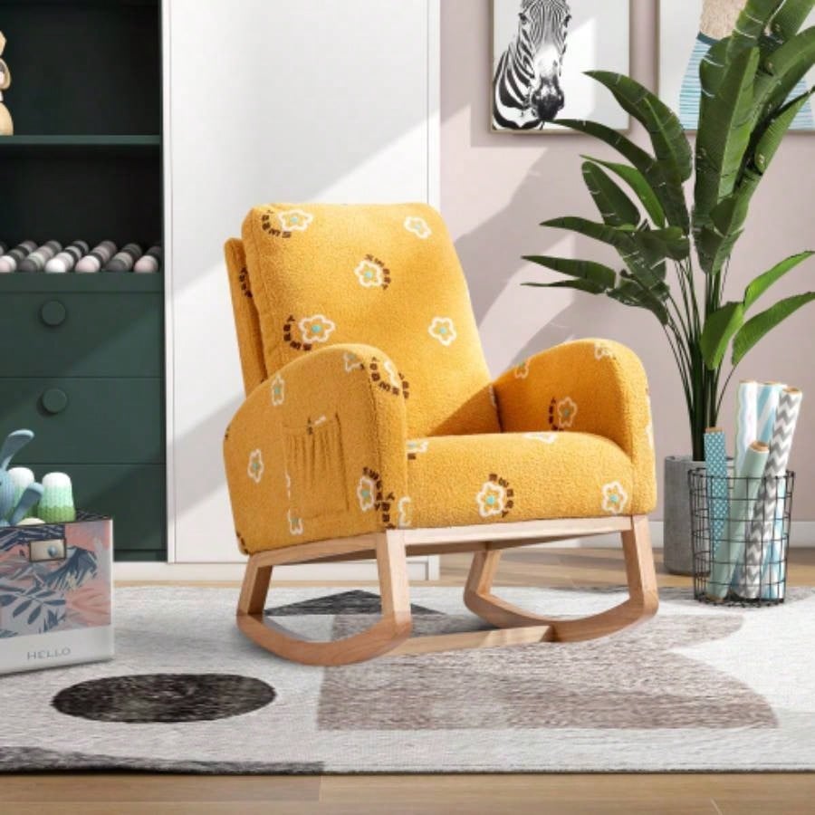 26.8 Modern Rocking Chair Nursery, Mid Accent Rocker Armchair With Side Pocket, Upholstered High Back Wooden Rocking Chair Living Room Kids Room Bedroom, Mustard Boucle