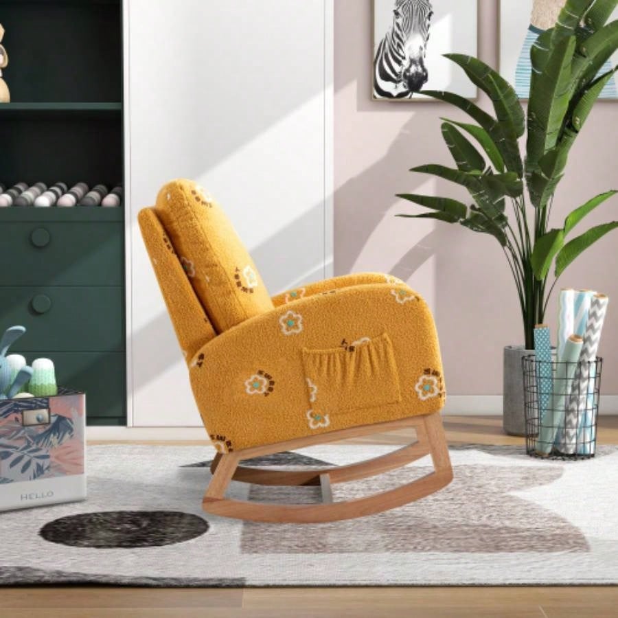 26.8 Modern Rocking Chair Nursery, Mid Accent Rocker Armchair With Side Pocket, Upholstered High Back Wooden Rocking Chair Living Room Kids Room Bedroom, Mustard Boucle