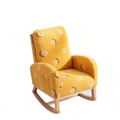 26.8 Modern Rocking Chair Nursery, Mid Accent Rocker Armchair With Side Pocket, Upholstered High Back Wooden Rocking Chair Living Room Kids Room Bedroom, Mustard Boucle