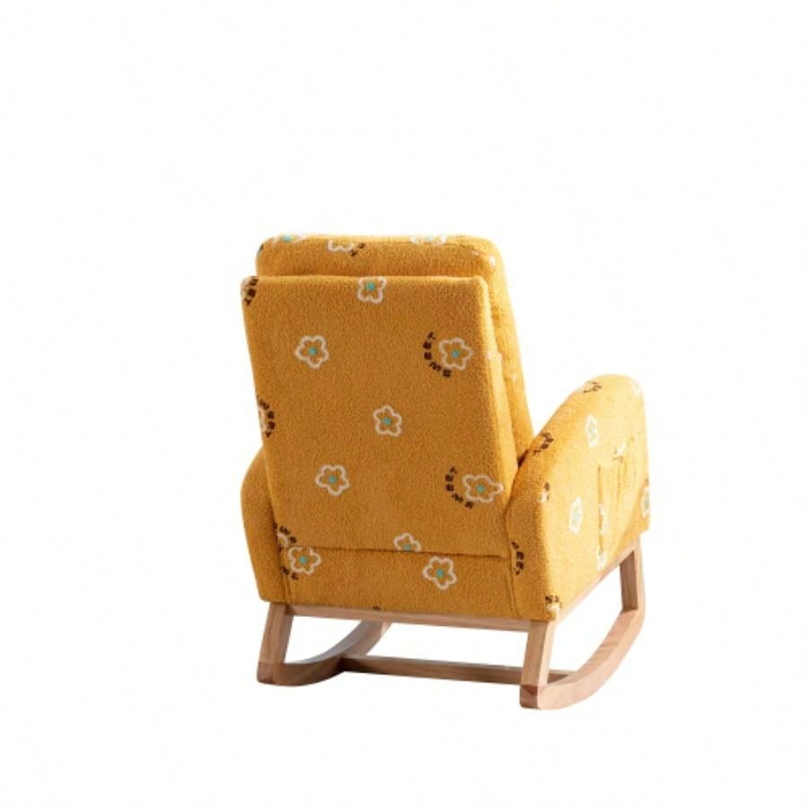 26.8 Modern Rocking Chair Nursery, Mid Accent Rocker Armchair With Side Pocket, Upholstered High Back Wooden Rocking Chair Living Room Kids Room Bedroom, Mustard Boucle