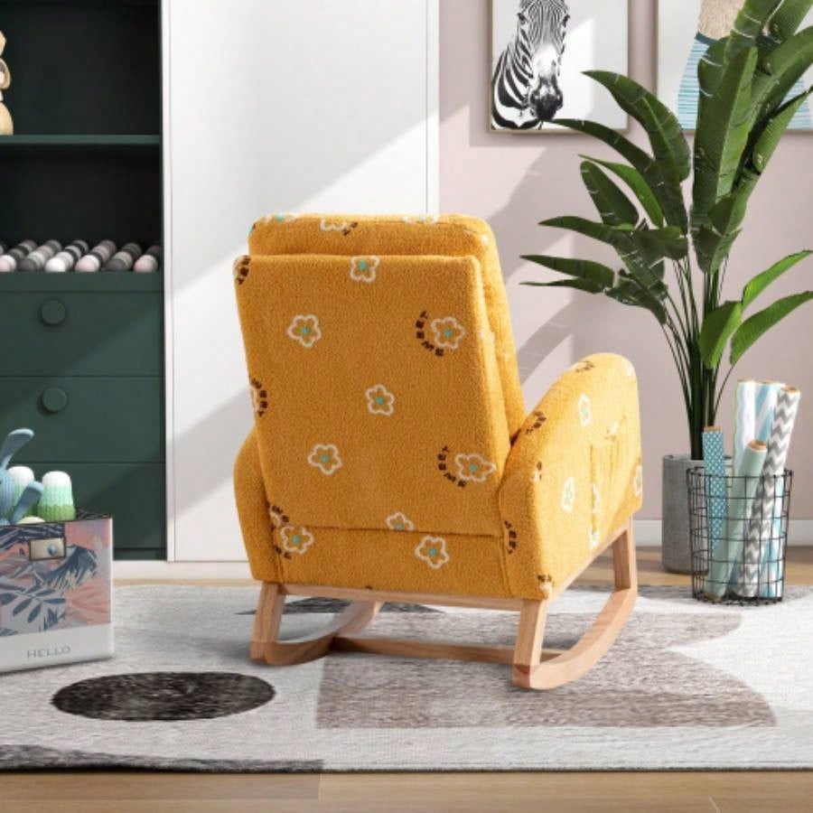 26.8 Modern Rocking Chair Nursery, Mid Accent Rocker Armchair With Side Pocket, Upholstered High Back Wooden Rocking Chair Living Room Kids Room Bedroom, Mustard Boucle