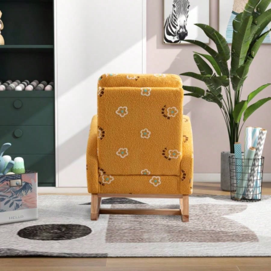 26.8 Modern Rocking Chair Nursery, Mid Accent Rocker Armchair With Side Pocket, Upholstered High Back Wooden Rocking Chair Living Room Kids Room Bedroom, Mustard Boucle