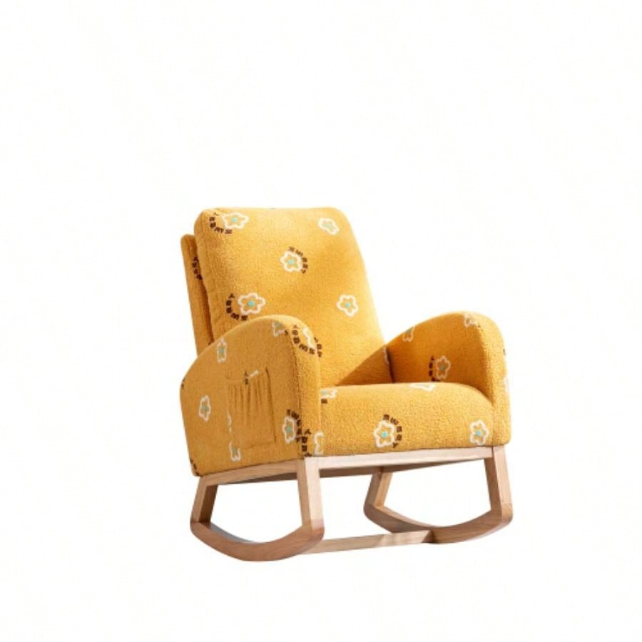 26.8 Modern Rocking Chair Nursery, Mid Accent Rocker Armchair With Side Pocket, Upholstered High Back Wooden Rocking Chair Living Room Kids Room Bedroom, Mustard Boucle