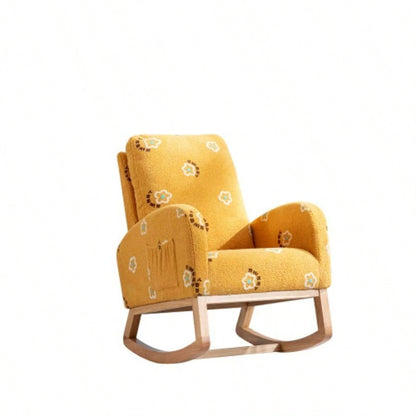 26.8 Modern Rocking Chair Nursery, Mid Accent Rocker Armchair With Side Pocket, Upholstered High Back Wooden Rocking Chair Living Room Kids Room Bedroom, Mustard Boucle