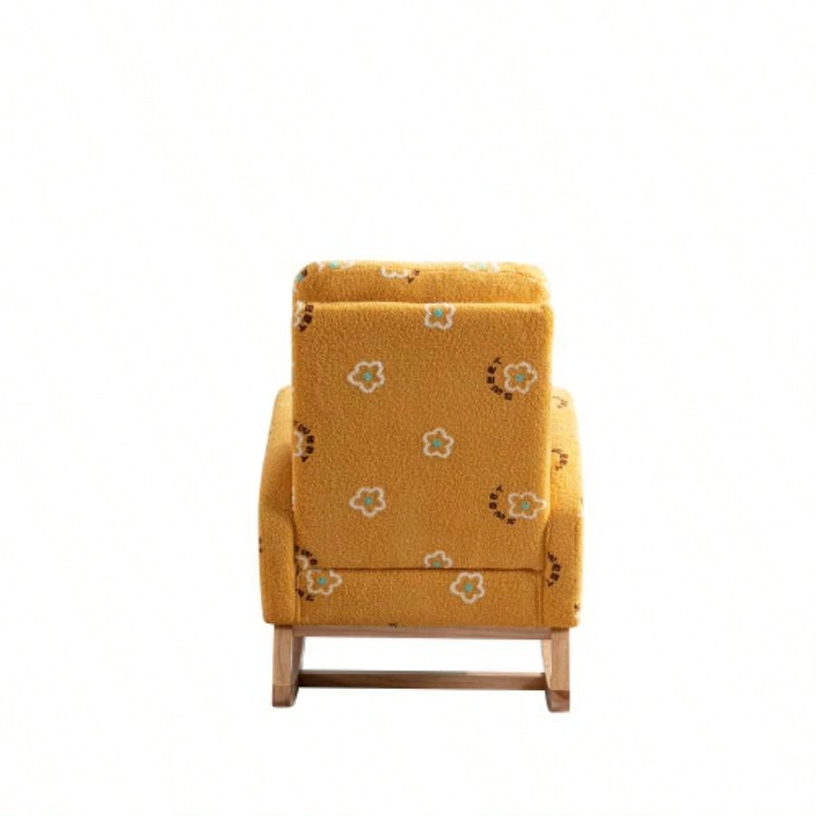 26.8 Modern Rocking Chair Nursery, Mid Accent Rocker Armchair With Side Pocket, Upholstered High Back Wooden Rocking Chair Living Room Kids Room Bedroom, Mustard Boucle