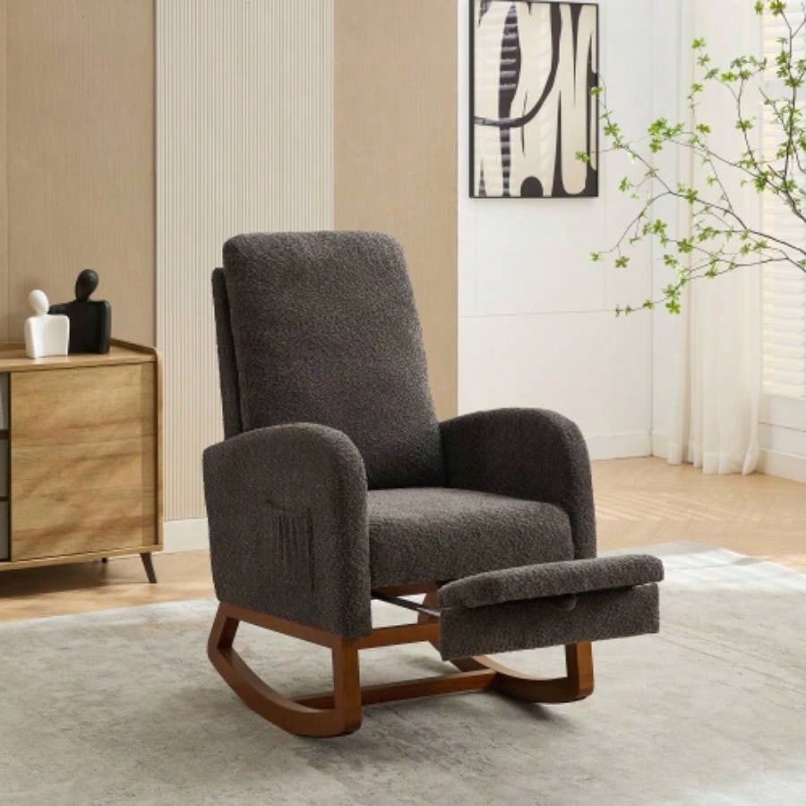 25.4 Rocking Chair Nursery, High Back Glider Chair with Retractable Footrest, Side Pocket, Rocking Accent Armchair with Rubber Wood Living Room/Bedroom. Charcoal