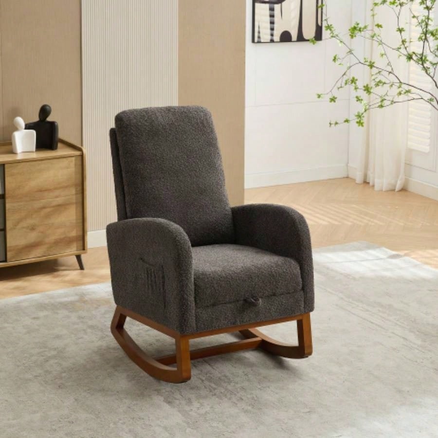 25.4 Rocking Chair Nursery, High Back Glider Chair with Retractable Footrest, Side Pocket, Rocking Accent Armchair with Rubber Wood Living Room/Bedroom. Charcoal