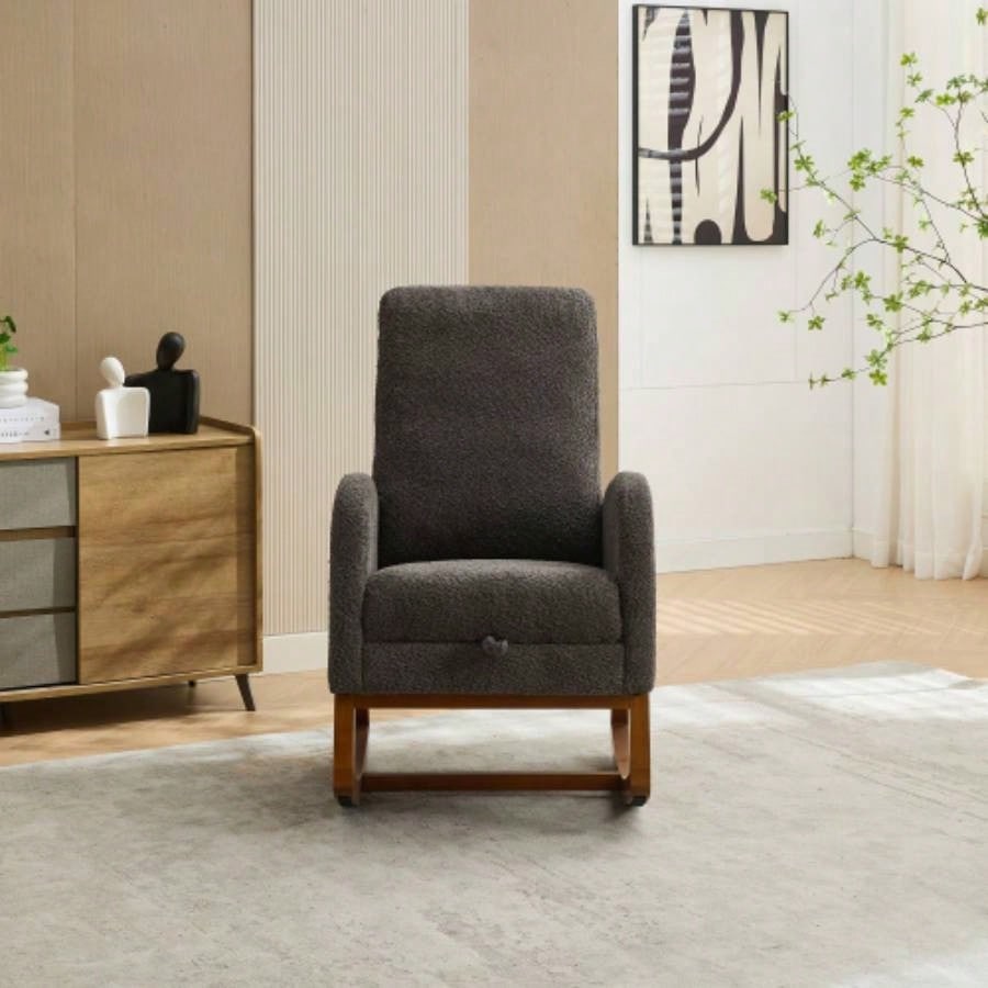 25.4 Rocking Chair Nursery, High Back Glider Chair with Retractable Footrest, Side Pocket, Rocking Accent Armchair with Rubber Wood Living Room/Bedroom. Charcoal