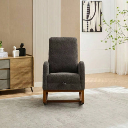 25.4 Rocking Chair Nursery, High Back Glider Chair with Retractable Footrest, Side Pocket, Rocking Accent Armchair with Rubber Wood Living Room/Bedroom. Charcoal