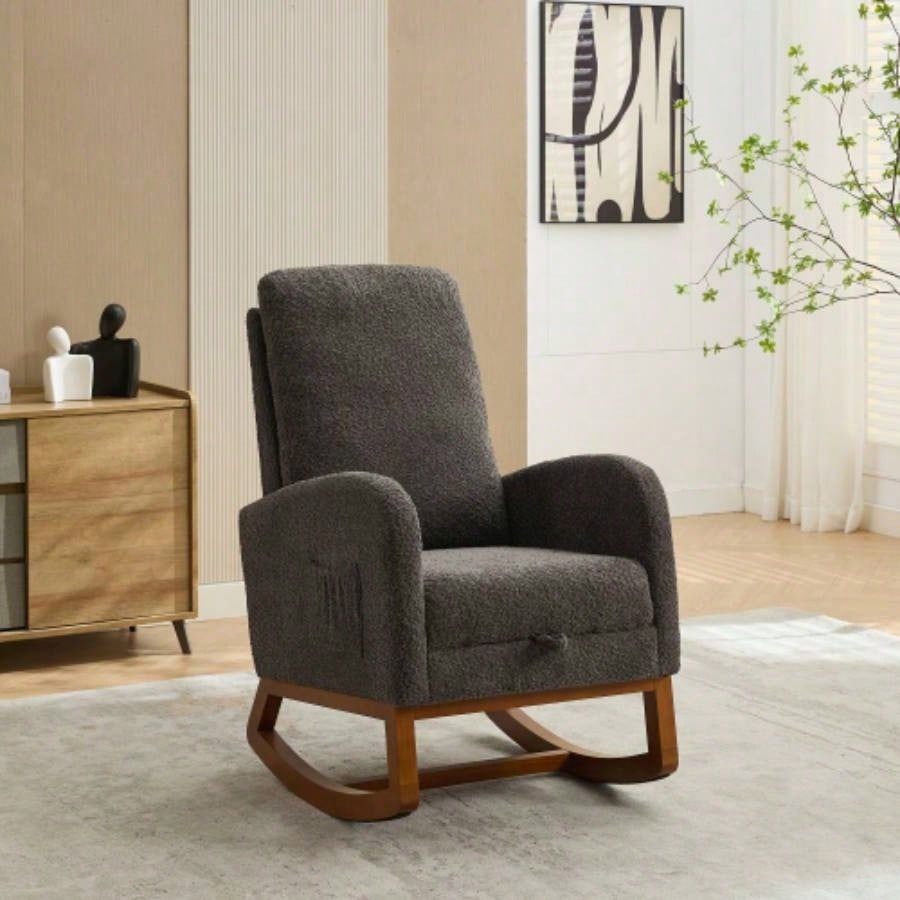 25.4 Rocking Chair Nursery, High Back Glider Chair with Retractable Footrest, Side Pocket, Rocking Accent Armchair with Rubber Wood Living Room/Bedroom. Charcoal