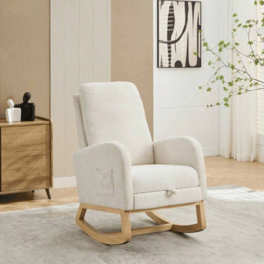 25.4 Rocking Chair Nursery, High Back Glider Chair with Retractable Footrest, Side Pocket, Rocking Accent Armchair with Rubber Wood Living Room/Bedroom. Ivory