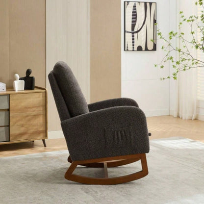 25.4 Rocking Chair Nursery, High Back Glider Chair with Retractable Footrest, Side Pocket, Rocking Accent Armchair with Rubber Wood Living Room/Bedroom. Charcoal