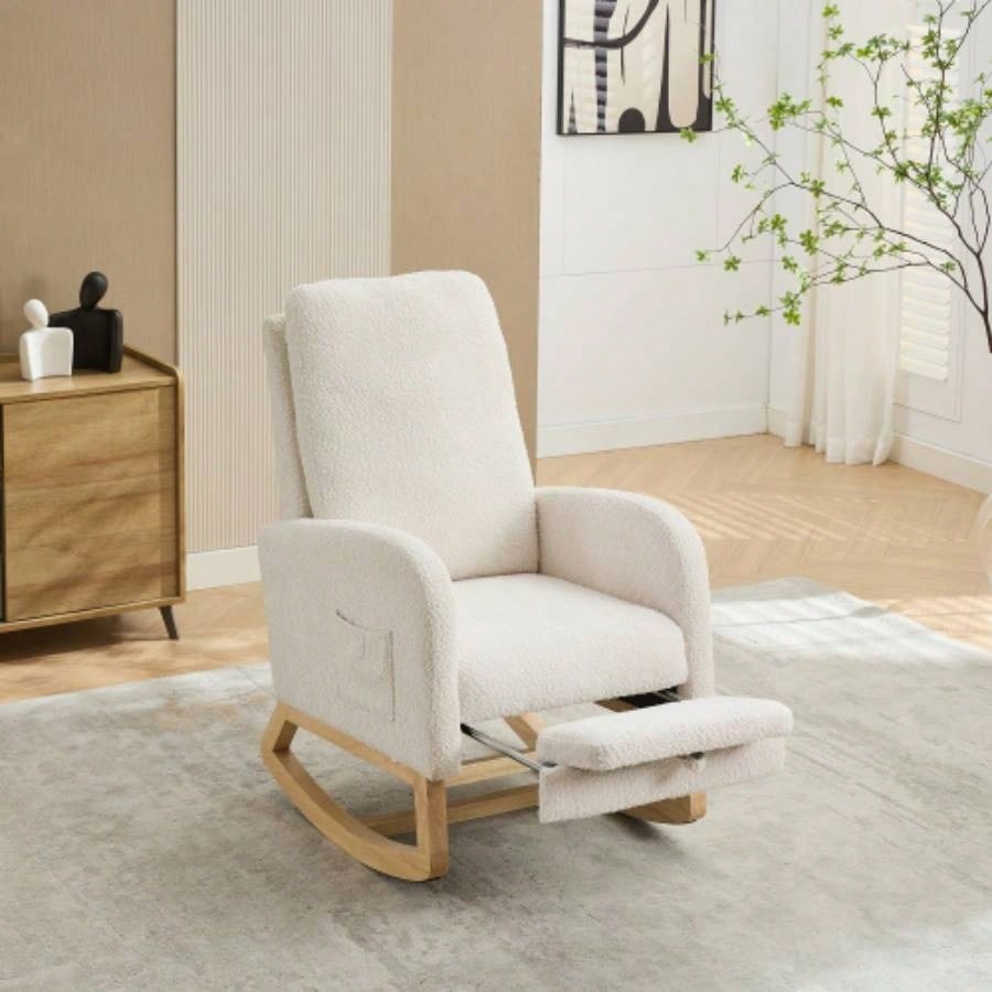 25.4 Rocking Chair Nursery, High Back Glider Chair with Retractable Footrest, Side Pocket, Rocking Accent Armchair with Rubber Wood Living Room/Bedroom. Ivory