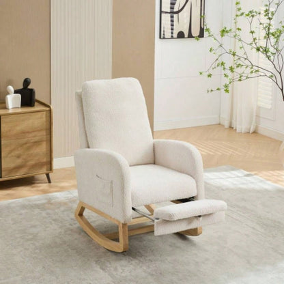 25.4 Rocking Chair Nursery, High Back Glider Chair with Retractable Footrest, Side Pocket, Rocking Accent Armchair with Rubber Wood Living Room/Bedroom. Ivory