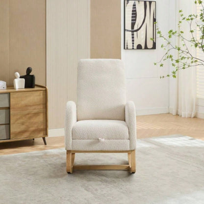25.4 Rocking Chair Nursery, High Back Glider Chair with Retractable Footrest, Side Pocket, Rocking Accent Armchair with Rubber Wood Living Room/Bedroom. Ivory