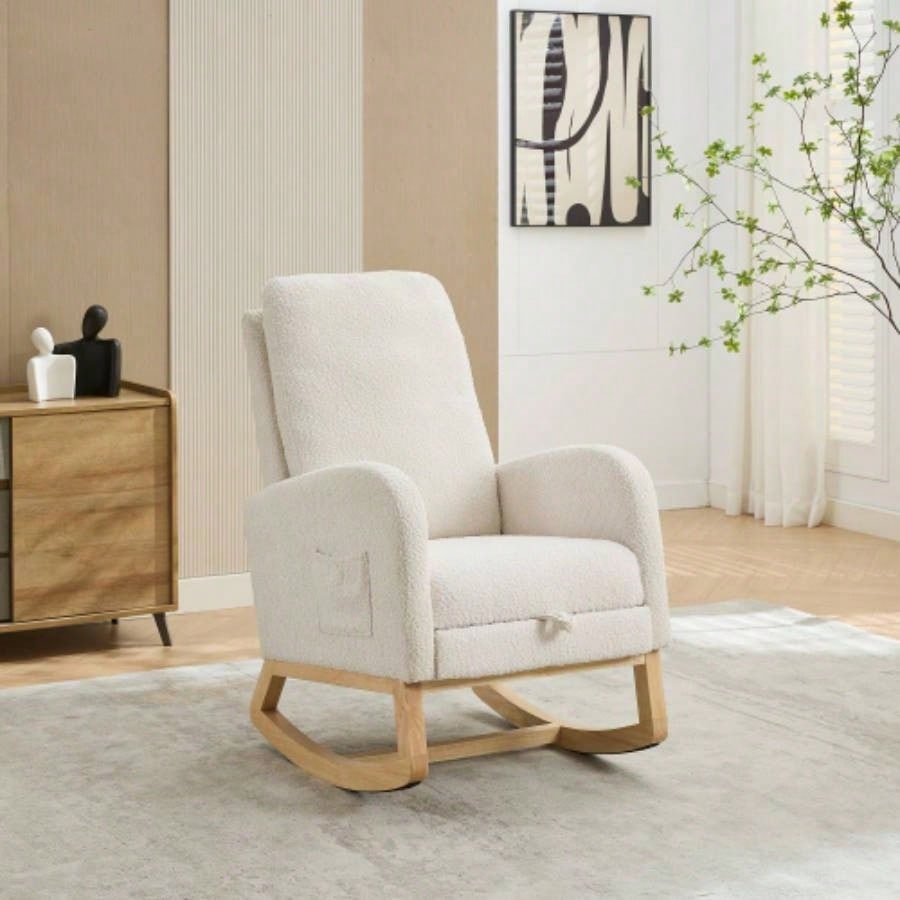 25.4 Rocking Chair Nursery, High Back Glider Chair with Retractable Footrest, Side Pocket, Rocking Accent Armchair with Rubber Wood Living Room/Bedroom. Ivory
