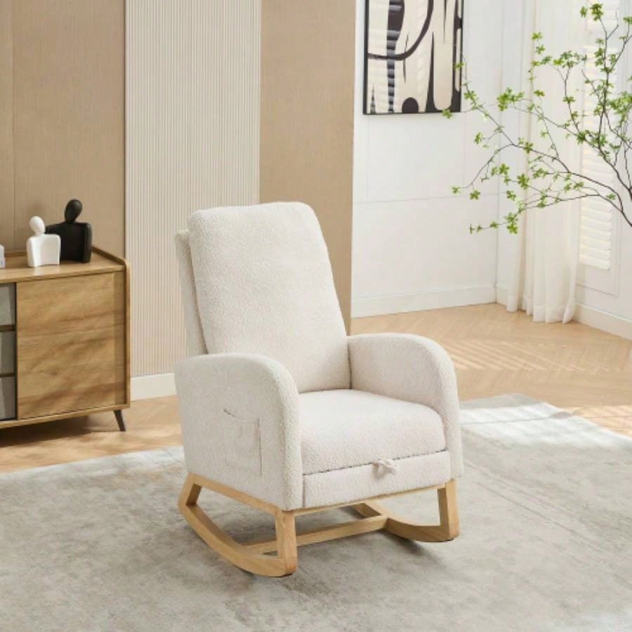 25.4 Rocking Chair Nursery, High Back Glider Chair with Retractable Footrest, Side Pocket, Rocking Accent Armchair with Rubber Wood Living Room/Bedroom. Ivory