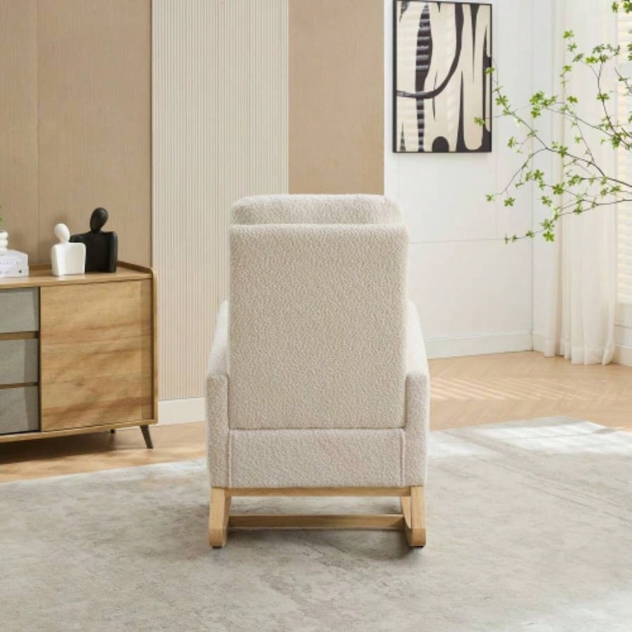 25.4 Rocking Chair Nursery, High Back Glider Chair with Retractable Footrest, Side Pocket, Rocking Accent Armchair with Rubber Wood Living Room/Bedroom. Ivory