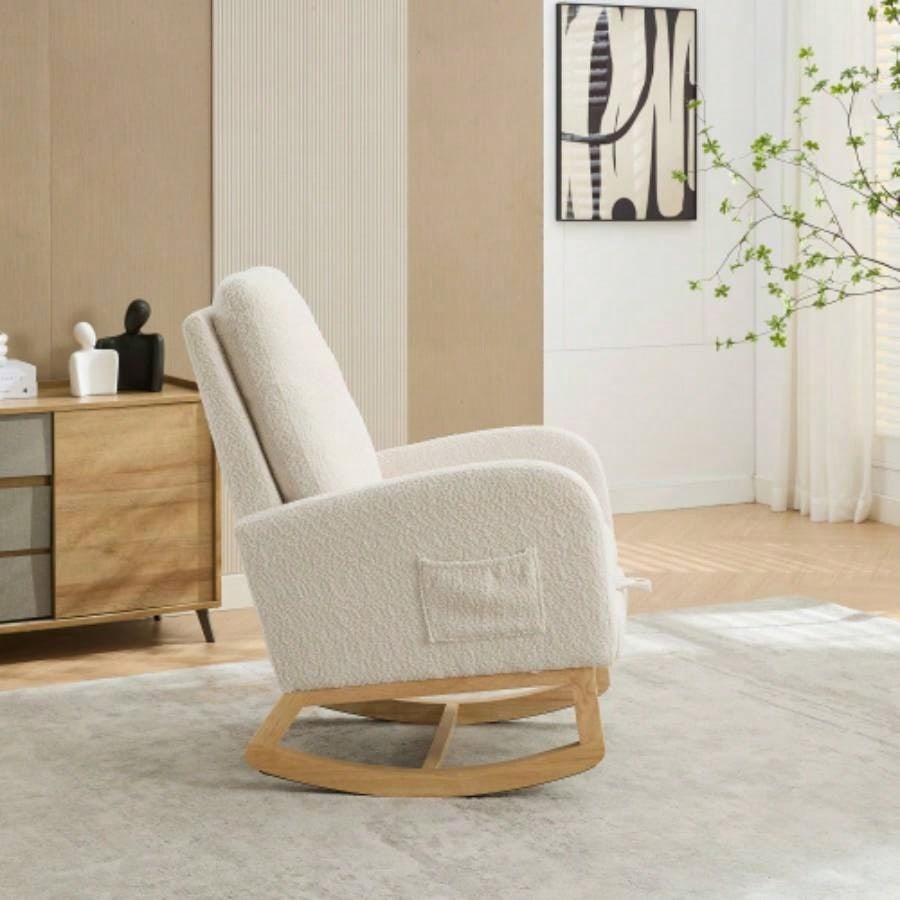 25.4 Rocking Chair Nursery, High Back Glider Chair with Retractable Footrest, Side Pocket, Rocking Accent Armchair with Rubber Wood Living Room/Bedroom. Ivory