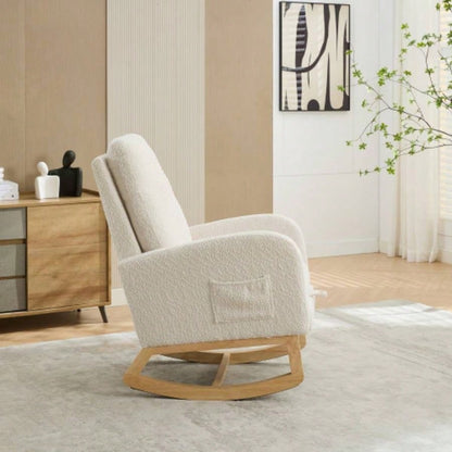 25.4 Rocking Chair Nursery, High Back Glider Chair with Retractable Footrest, Side Pocket, Rocking Accent Armchair with Rubber Wood Living Room/Bedroom. Ivory