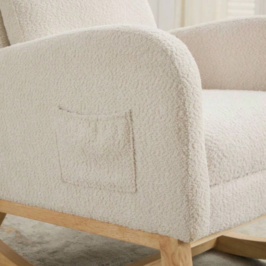 25.4 Rocking Chair Nursery, High Back Glider Chair with Retractable Footrest, Side Pocket, Rocking Accent Armchair with Rubber Wood Living Room/Bedroom. Ivory