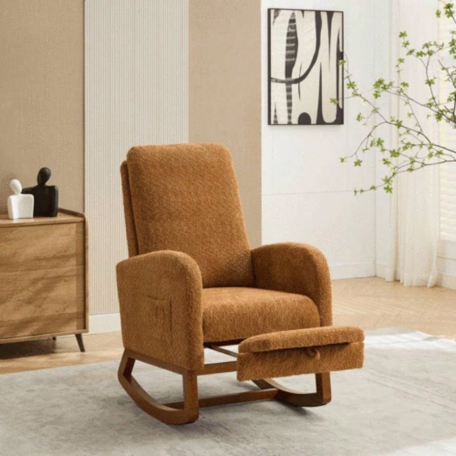 25.4 Rocking Chair Nursery, High Back Glider Chair with Retractable Footrest, Side Pocket, Rocking Accent Armchair with Rubber Wood Living Room/Bedroom. Ivory