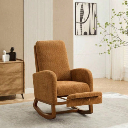 25.4 Rocking Chair Nursery, High Back Glider Chair with Retractable Footrest, Side Pocket, Rocking Accent Armchair with Rubber Wood Living Room/Bedroom. Ivory