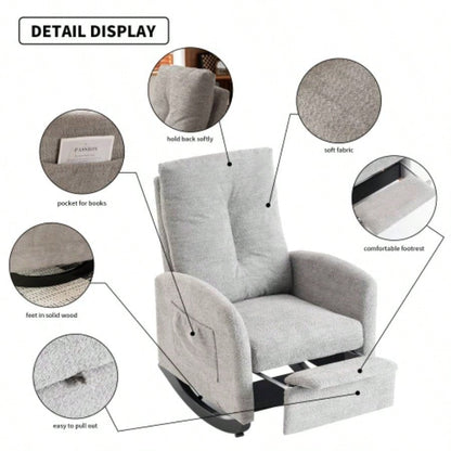 Accent Rocking Chair with Footrest High Back Rubber Wood Rocking Bedroom Living Space