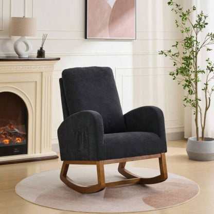 27.2 Rocking Chair Nursery, Polyester Glider Chair with High Back and Side Pocket, Rocking Accent Armchair with Rubber Wood Living Room/Bedroom. Black