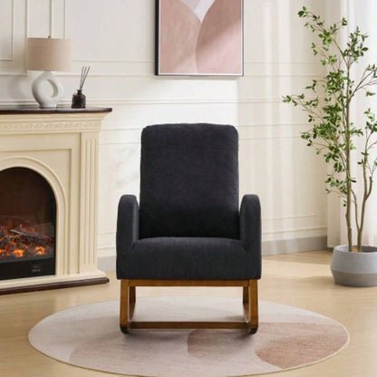 27.2 Rocking Chair Nursery, Polyester Glider Chair with High Back and Side Pocket, Rocking Accent Armchair with Rubber Wood Living Room/Bedroom. Black