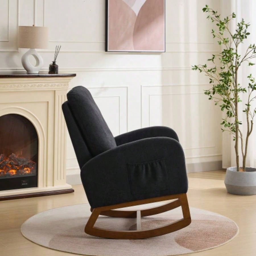27.2 Rocking Chair Nursery, Polyester Glider Chair with High Back and Side Pocket, Rocking Accent Armchair with Rubber Wood Living Room/Bedroom. Black