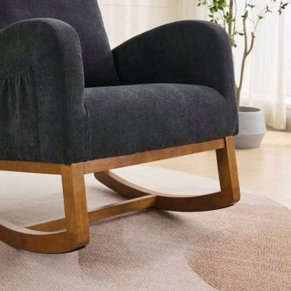 27.2 Rocking Chair Nursery, Polyester Glider Chair with High Back and Side Pocket, Rocking Accent Armchair with Rubber Wood Living Room/Bedroom. Black