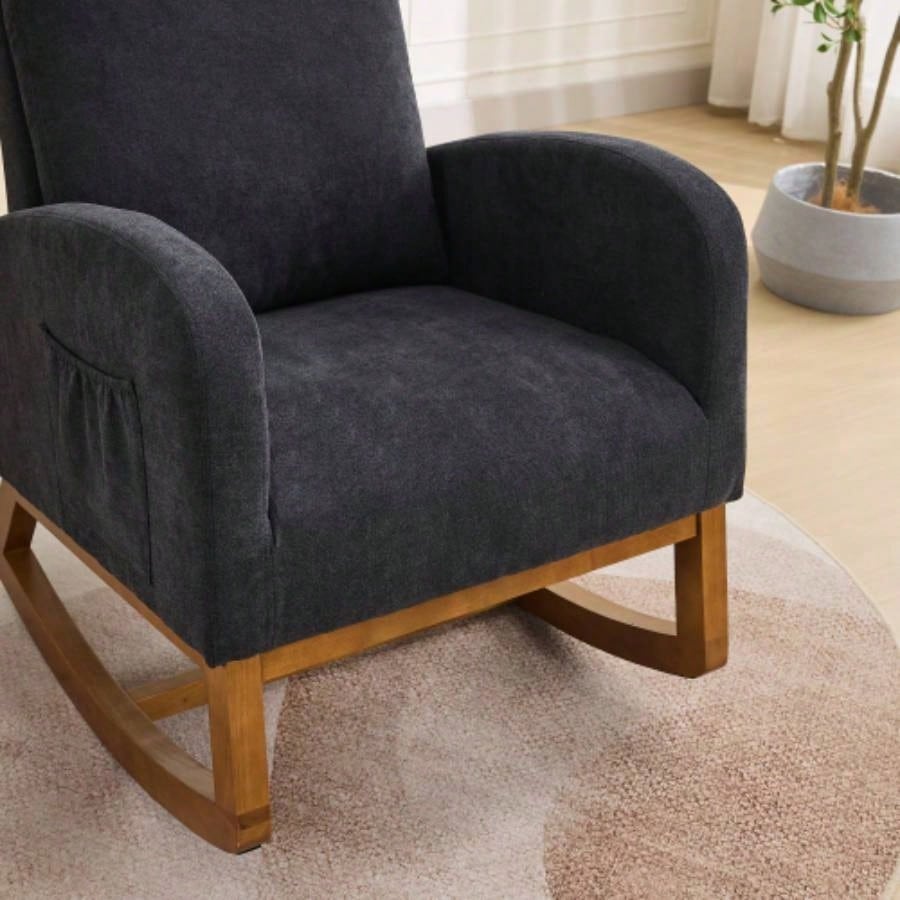 27.2 Rocking Chair Nursery, Polyester Glider Chair with High Back and Side Pocket, Rocking Accent Armchair with Rubber Wood Living Room/Bedroom. Black