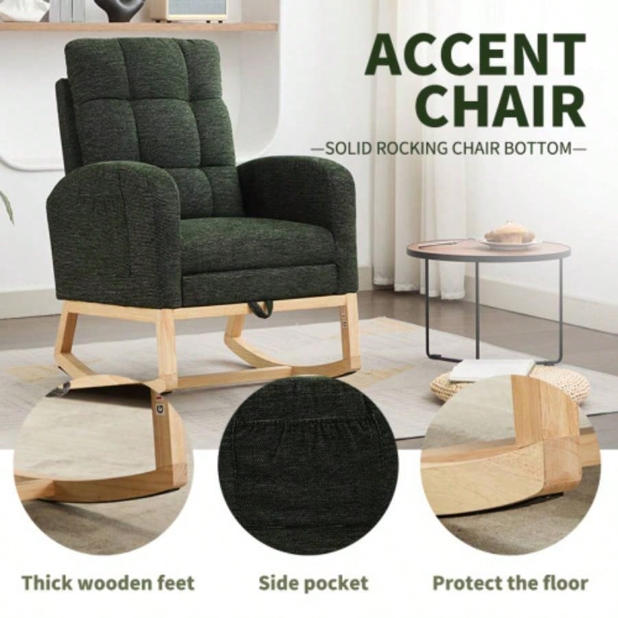 Modern Accent Rocking Chair Rocking Chair with Solid Wood, adjustable Footrest, Comfy Armchair with Side Pocket, Living Room Lounge Arm Chair with High Backrest