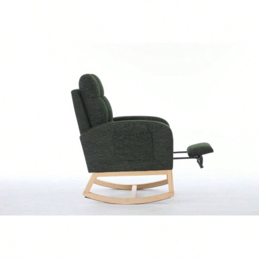 Modern Accent Rocking Chair Rocking Chair with Solid Wood, adjustable Footrest, Comfy Armchair with Side Pocket, Living Room Lounge Arm Chair with High Backrest