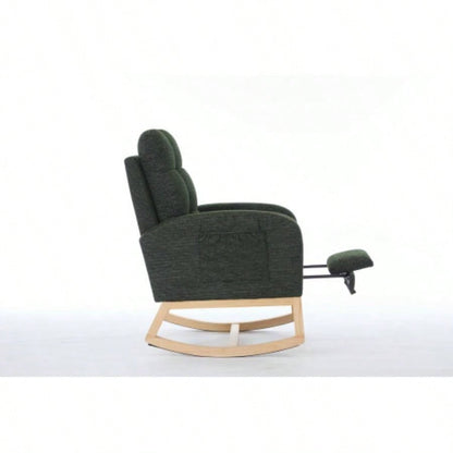 Modern Accent Rocking Chair Rocking Chair with Solid Wood, adjustable Footrest, Comfy Armchair with Side Pocket, Living Room Lounge Arm Chair with High Backrest