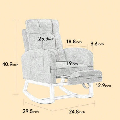 Modern Accent Rocking Chair Rocking Chair with Solid Wood, adjustable Footrest, Comfy Armchair with Side Pocket, Living Room Lounge Arm Chair with High Backrest