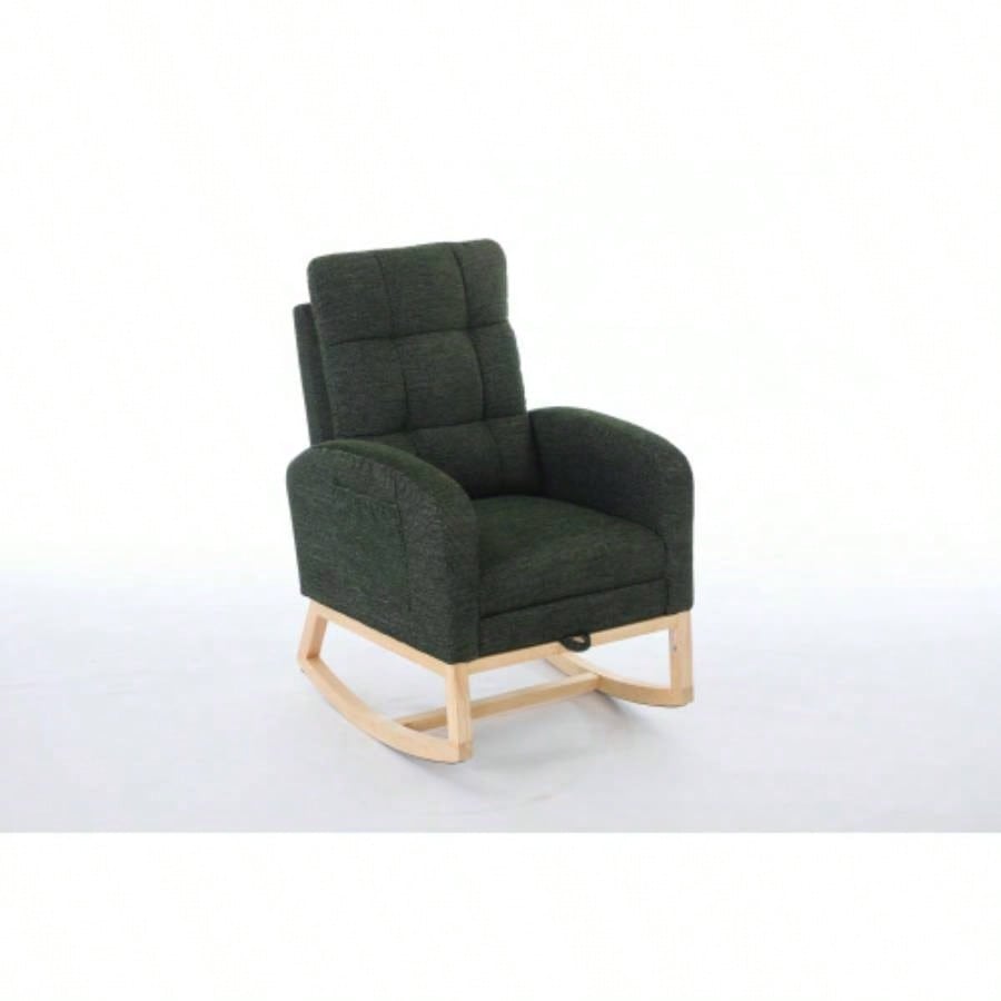 Modern Accent Rocking Chair Rocking Chair with Solid Wood, adjustable Footrest, Comfy Armchair with Side Pocket, Living Room Lounge Arm Chair with High Backrest