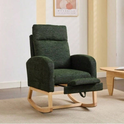 Modern Accent Rocking Chair Rocking Chair with Solid Wood, adjustable Footrest, Comfy Armchair with Side Pocket, Living Room Lounge Arm Chair with High Backrest