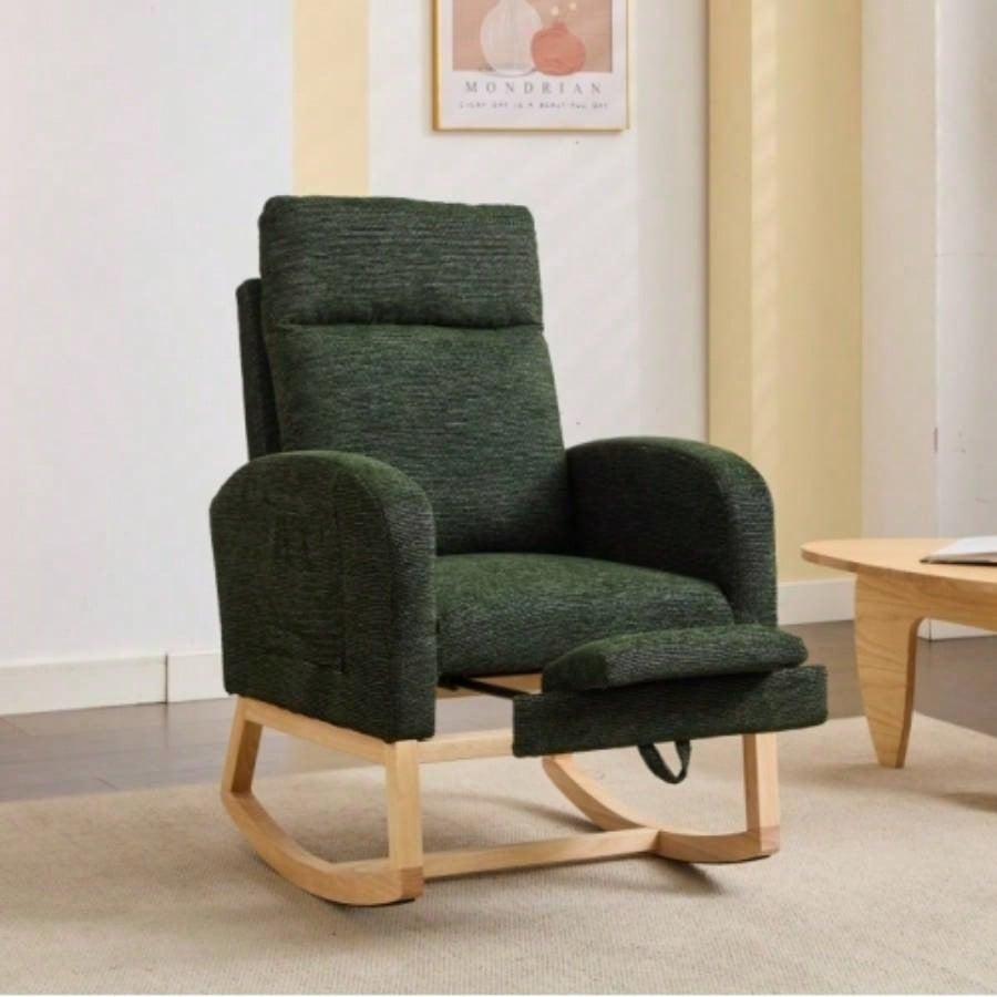 Modern Accent Rocking Chair Rocking Chair with Solid Wood, adjustable Footrest, Comfy Armchair with Side Pocket, Living Room Lounge Arm Chair with High Backrest
