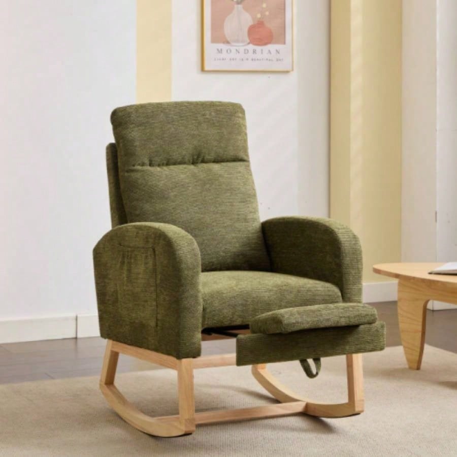 Modern Accent Rocking Chair Rocking Chair with Solid Wood, adjustable Footrest, Comfy Armchair with Side Pocket, Living Room Lounge Arm Chair with High Backrest
