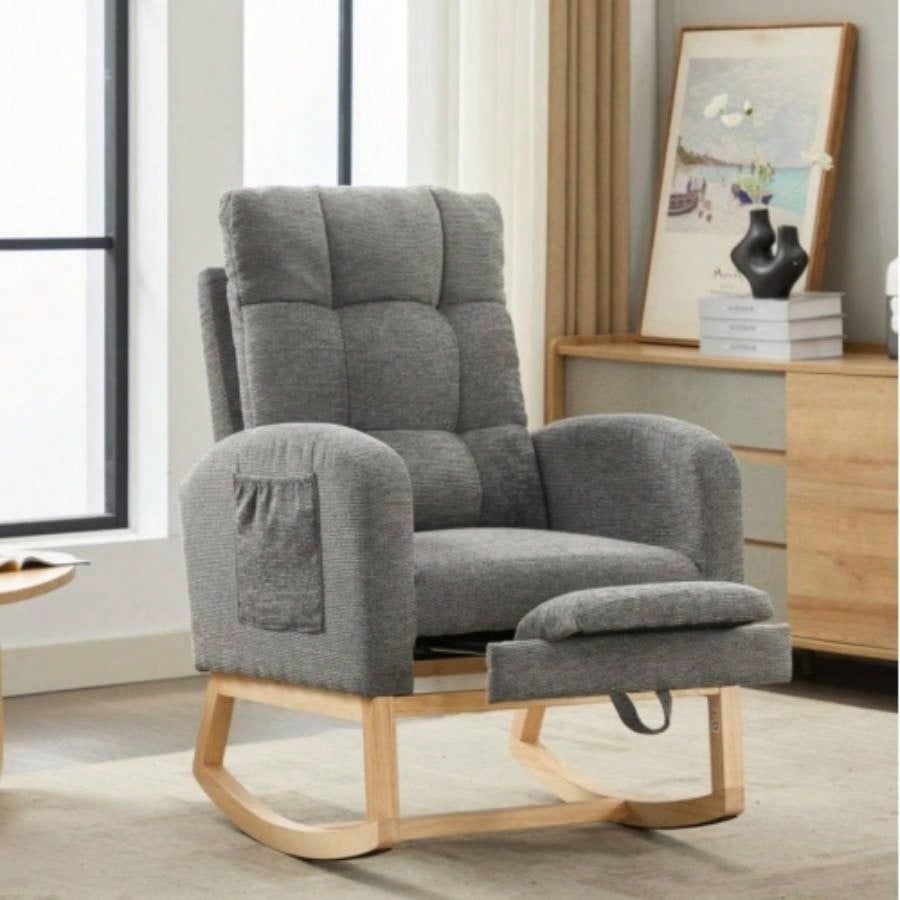 Modern Accent Rocking Chair Rocking Chair with Solid Wood, adjustable Footrest, Comfy Armchair with Side Pocket, Living Room Lounge Arm Chair with High Backrest