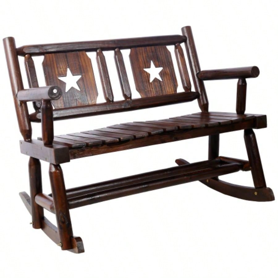 Outdoor Wood Rocking Carbonized Double Rocking Chair 2 Persons with Wide Curved, Porch Rocker Porch, Garden, Backyard, Rustic Brown