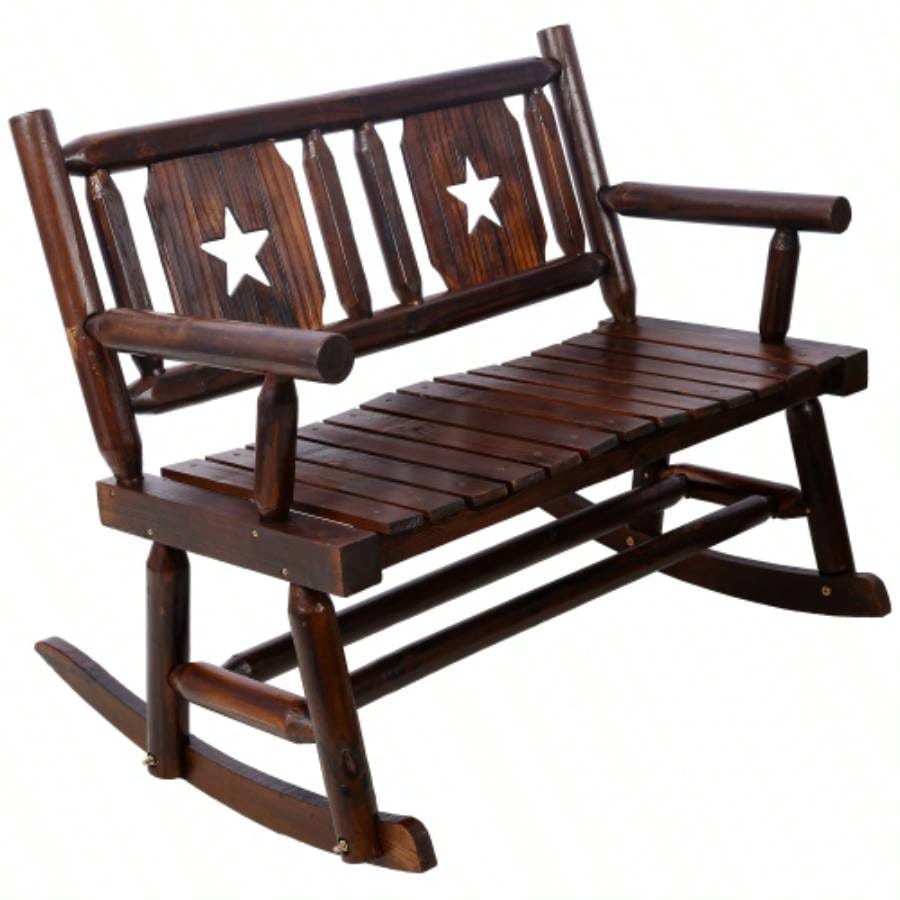 Outdoor Wood Rocking Carbonized Double Rocking Chair 2 Persons with Wide Curved, Porch Rocker Porch, Garden, Backyard, Rustic Brown