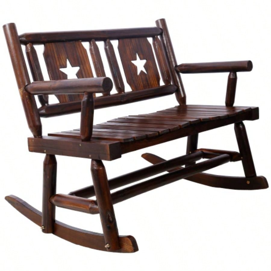Outdoor Wood Rocking Carbonized Double Rocking Chair 2 Persons with Wide Curved, Porch Rocker Porch, Garden, Backyard, Rustic Brown