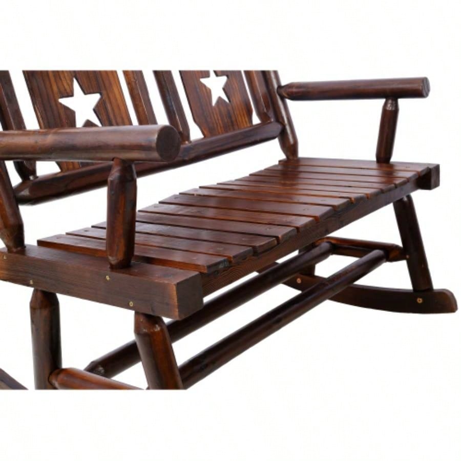 Outdoor Wood Rocking Carbonized Double Rocking Chair 2 Persons with Wide Curved, Porch Rocker Porch, Garden, Backyard, Rustic Brown