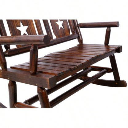 Outdoor Wood Rocking Carbonized Double Rocking Chair 2 Persons with Wide Curved, Porch Rocker Porch, Garden, Backyard, Rustic Brown