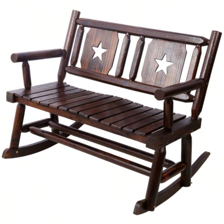 Outdoor Wood Rocking Carbonized Double Rocking Chair 2 Persons with Wide Curved, Porch Rocker Porch, Garden, Backyard, Rustic Brown