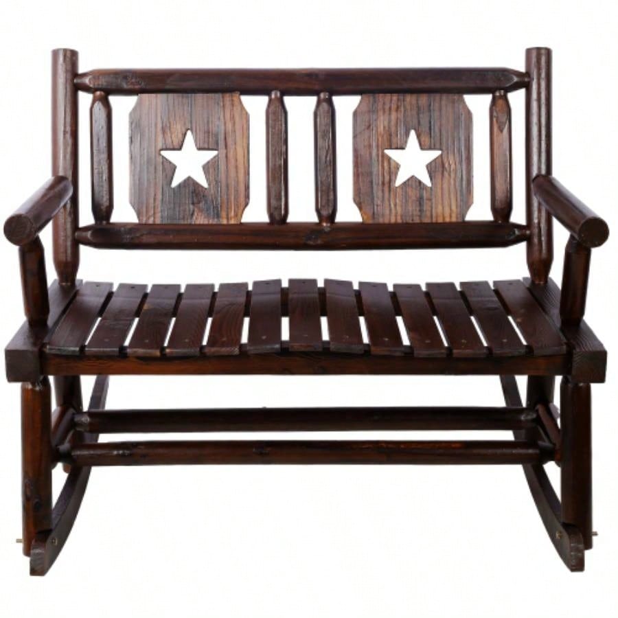 Outdoor Wood Rocking Carbonized Double Rocking Chair 2 Persons with Wide Curved, Porch Rocker Porch, Garden, Backyard, Rustic Brown